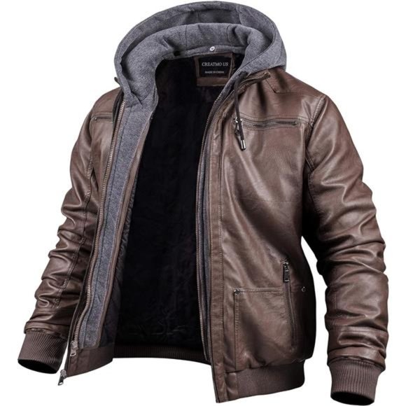 Men's Faux Leather Jacket Motorcycle Waterproof Windproof Vintage Bomber Hoodie - Picture 5 of 7